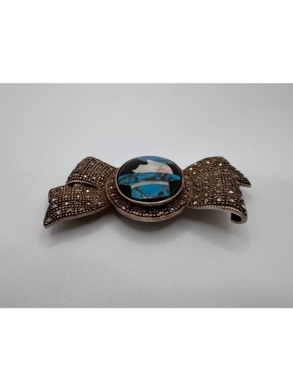 925 TH Sterling Silver Turquoise Abalone MOP Onyx Inlay Marcasite Bow Brooch - Picture 7 of 12